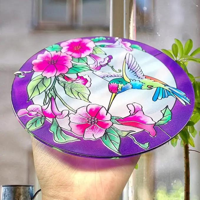 Larger Purple Stained Glass Window Hanging, Hummingbird Gifts for Women, Bird and Flowers Suncatcher, Hummingbird Gifts for Women, Bird and Flowers Suncatcher for Window, Hand Painted Glass by GreenHaven Gardens