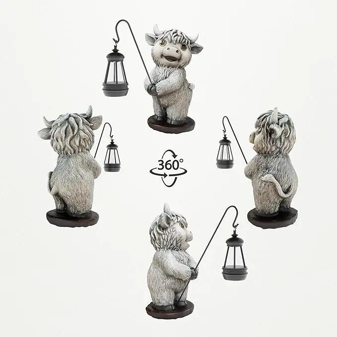 Highland Cow Statues with Solar Lights, Highland Cow Resin Figurine Lights, Highland Cow Ornaments for Patio, Balcony, Indoor Decoration and as Gifts by GreenHaven Gardens