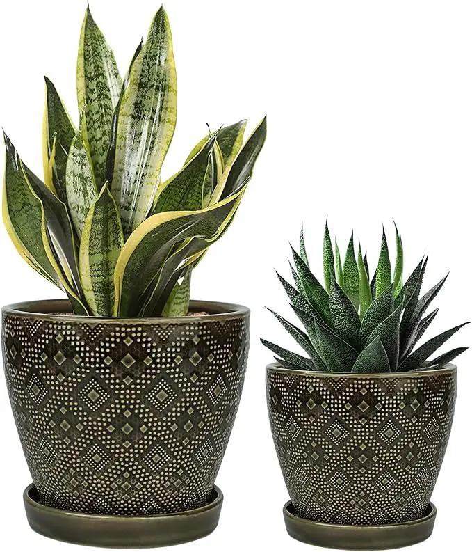Docrin Ceramic Plant Pots Indoor: 6.6 + 5.5 Inch Planters with Drainage Holes and Saucer for Home/Office - Set of 2 /Dark Green by GreenHaven Gardens