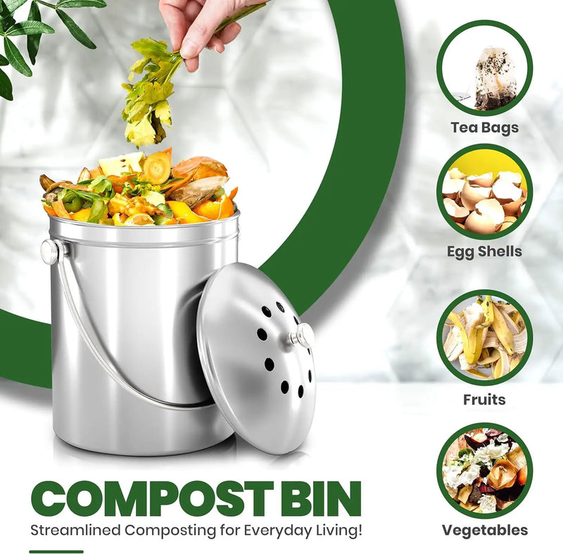 Utopia Kitchen Compost Bin for Kitchen Countertop, 1.3 Gallon Compost Bucket for Kitchen with Lid, Includes 1 Spare Charcoal Filter, Home Essentials - (Silver) by GreenHaven Gardens