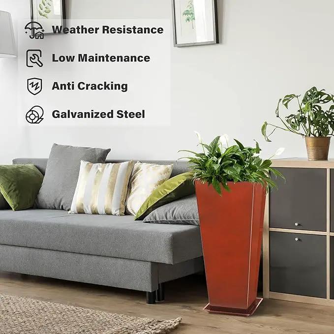 KOL 25''H. Galvanized Steel Planter with Saucer, Tall Glazed Planter Pots for Indoor & Outdoor Use, Set of 2, Decorative Flower Plant Pots with Drainage Hole for Porch, Patio, Deck - Reddish Brown by GreenHaven Gardens