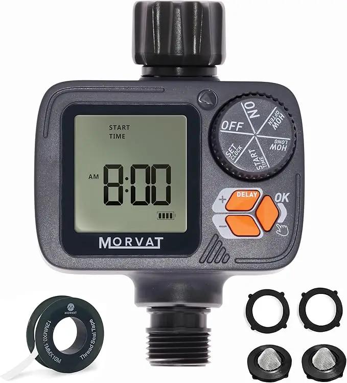 Morvat Sprinkler Timer Outdoor, Garden Hose Faucet Water Timer with Rain Delay, Programmable Automatic/Manual Modes, Watering Irrigation Timer System + Teflon Tape, 2 Spare Washers & 2 Filter Washers by GreenHaven Gardens
