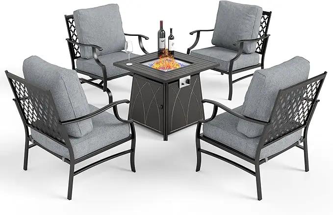 Patio Furniture Set with Fire Pit Table, 5 Pcs Metal Outdoor Conversation Set, 4 Single Chairs with 5.75" Extra Thick Cushion and 28" Fire Pit Table for Backyard Deck, Grey by GreenHaven Gardens