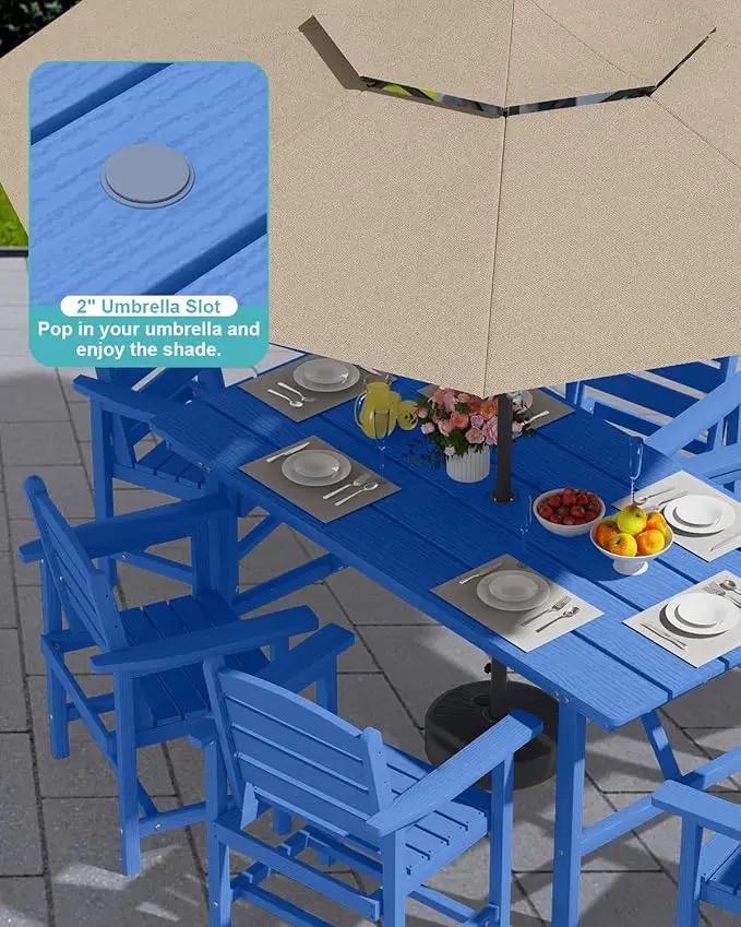 Patio Dining Set for 6 with Umbrella Hole - 66" Outdoor Table & 6 Chairs, All-Weather HDPE Outdoor Furniture for Lawn, Garden, Backyard, Poolside, Navy by GreenHaven Gardens