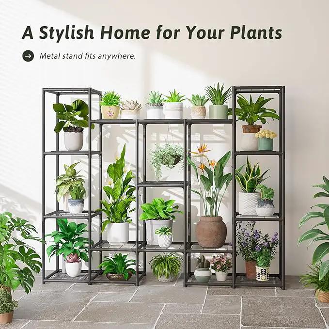 Large Plant Stand Indoor Outdoor Metal Plant Shelf Waterproof Plant Rack for Multiple Plants Wide Flower Stand for Patio Balcony Garden Black by GreenHaven Gardens