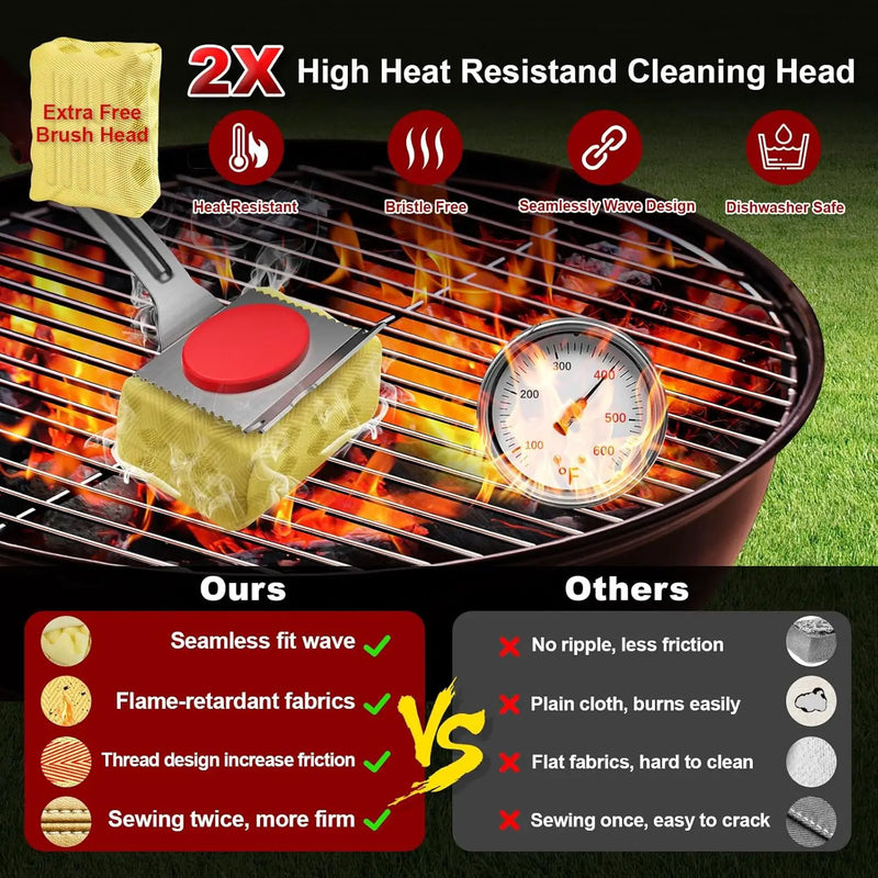 Grill Brush Bristle Free, BBQ Grill Brush for Outdoor Grill, Safe Steam Grill Cleaning Brush with Scraper, Replacement Sponge Heads, Non Metal Bristles for Cast Iron, Stainless-Steel Grates by GreenHaven Gardens