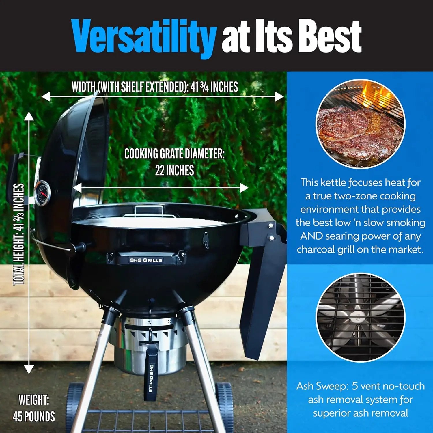 SnS Grills Original Kettle Charcoal Grill with Patented Slow 'N Sear Deluxe Insert and EasySpin Grate for Two-Zone Cooking, Low ‘N Slow Smoking and BBQing - Black 22-Inch by GreenHaven Gardens