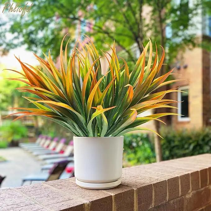 32 Pcs Artificial Grass Fake Plants 17.3in Outdoor Plastic Plants UV Resistant Greenery Fake Grass for Home Window Garden Office Patio Hanging Planter Pathway Front Porch Décor Orange Yellow by GreenHaven Gardens