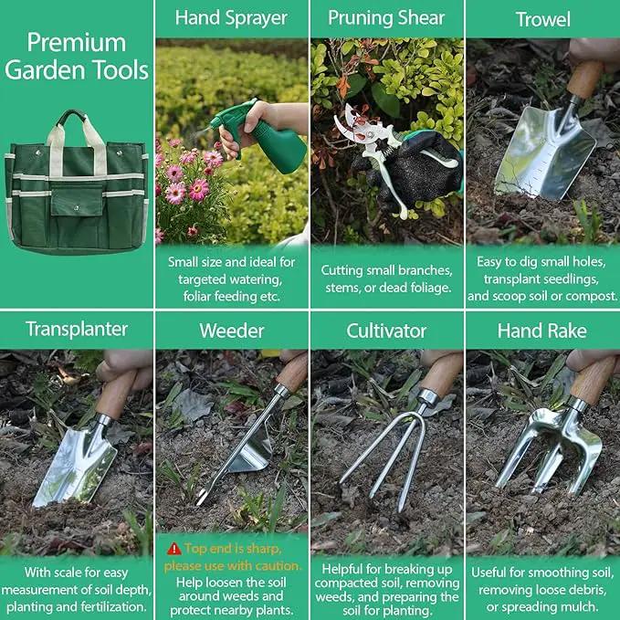 LeMotech Garden Tool Set,10 Pieces Heavy Duty Gardenting Tool Kit, Folding Stool with Detachable Tote Bag, Thicker Stainless Steel Tools (Trans-Planter,Trowel,Weeder etc.) for Women Men by GreenHaven Gardens