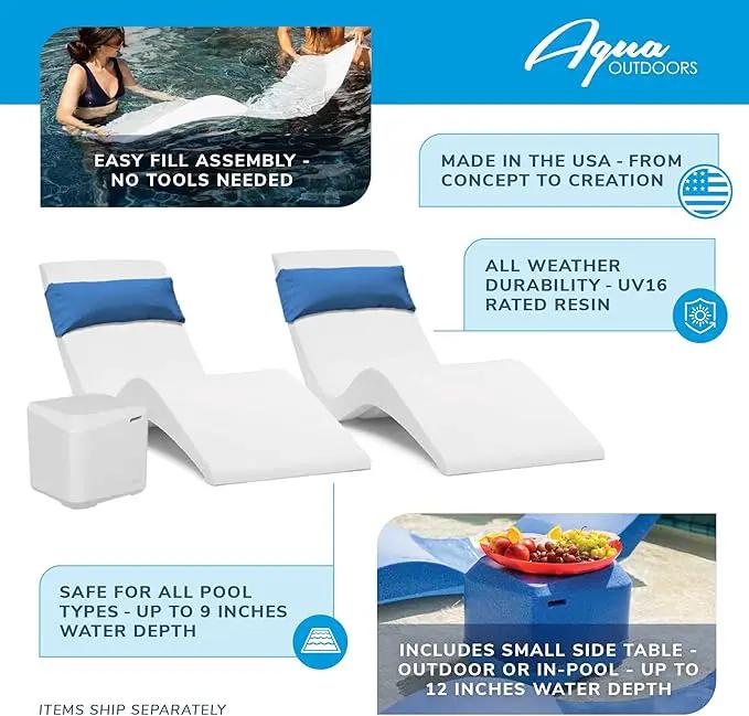 Classic White-Blue - in-Pool Chaise Set – Includes Two Chaises, Two Headrest Pillows, and One Poolside Table – for Ledges Up to 9” - Aqua Outdoors by GreenHaven Gardens