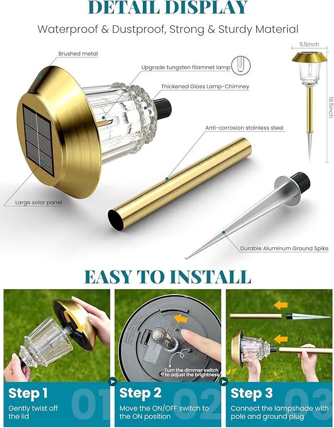Solar Lights Outdoor Waterproof,4 Pack Gold Pathway Lights with 10-40 LM Dimmable Glass and Metal, Solar Powered Garden Decor for Yard,Patio,Pathway,Driveway(Warm White) by GreenHaven Gardens