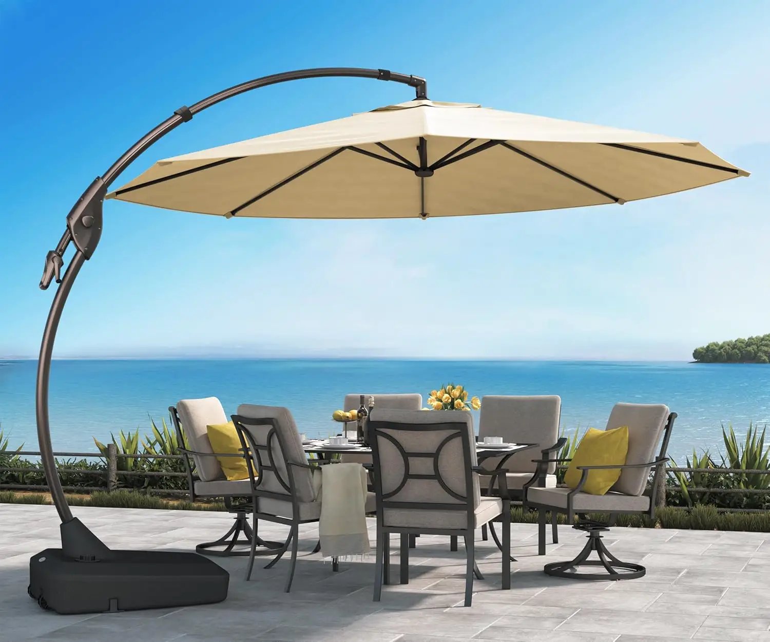 Grand patio 12 FT Sunbrella Cantilever Umbrella with Base Outdoor Aluminum Offset Umbrella with Tilt Adjustment (Flax, 12 FT-SUNBRELLA) by GreenHaven Gardens