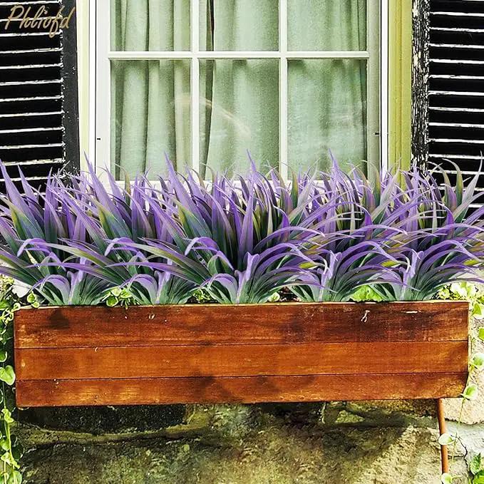 32Pcs Artificial Grass Fake Plants 17.3in Outdoor Plants UV Resistant Faux Greenery Stems Fake Grass for Home Window Garden Office Patio Pathway Front Porch Halloween Décor Green & Purple by GreenHaven Gardens