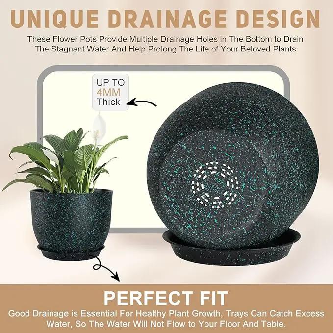 Plant Pots 10/9/8/7.5/7 inch Set of 5,Flower Pots with Multi Mesh Drainage Holes, Large Planters for Indoor Outdoor Garden Plants and Flowers. (Green Speckles) by GreenHaven Gardens