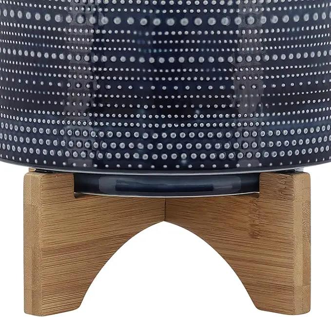 Sagebrook Home Textured Ceramic Planter with Wood Stand, Elevated Indoor/Outdoor Planter, Blue with Gray Dots, 8 L x 8 W x 10 H by GreenHaven Gardens