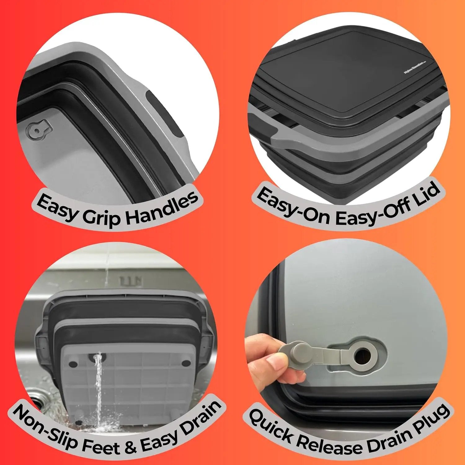 Collapsible X-Large (16L) BBQ Marinating Tub w/Cutting Board | Multipurpose Food-Grade TPE Prep Tub w/Lid | Built-In Colander & Drain Plug - For Camping | Tailgate | Picnic - Slate Black by GreenHaven Gardens