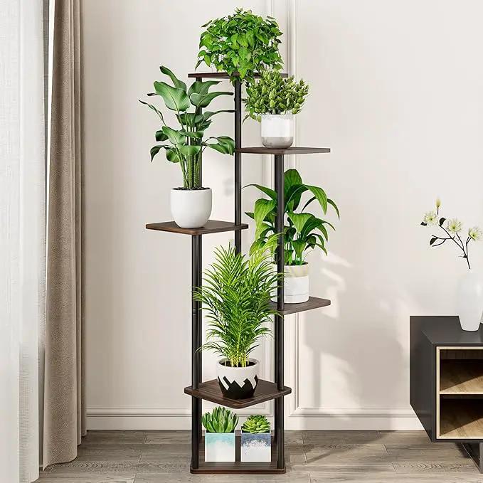 AZERPIAN Plant Stand 6 Tier Indoor Metal Flower Shelf for Multiple Plants Corner Tall Flower Holders for Patio Garden Living Room Balcony Bedroom, Black Oak by GreenHaven Gardens