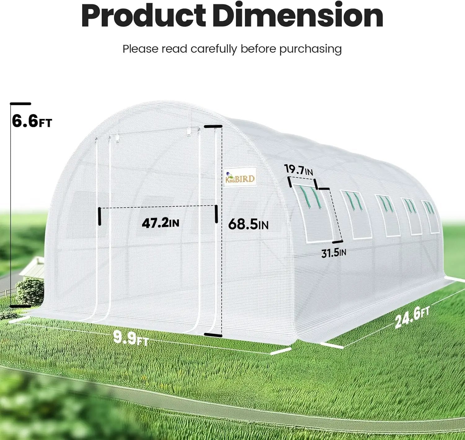 KING BIRD Premium 25x10x6.6FT Greenhouse for Outdoors, Large Walk-in Heavy Duty Galvanized Steel Frame, Mesh Door Screen Window Upgraded Zipper Tunnel Hoop for Garden Plant Winter, White by GreenHaven Gardens