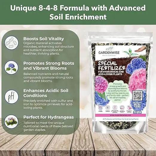 Slow Release Hydrangea Fertilizer with Iron & Sulfur – Indoor & Outdoor Soil Acidifier for Miracle Growth (3 qt) by GreenHaven Gardens