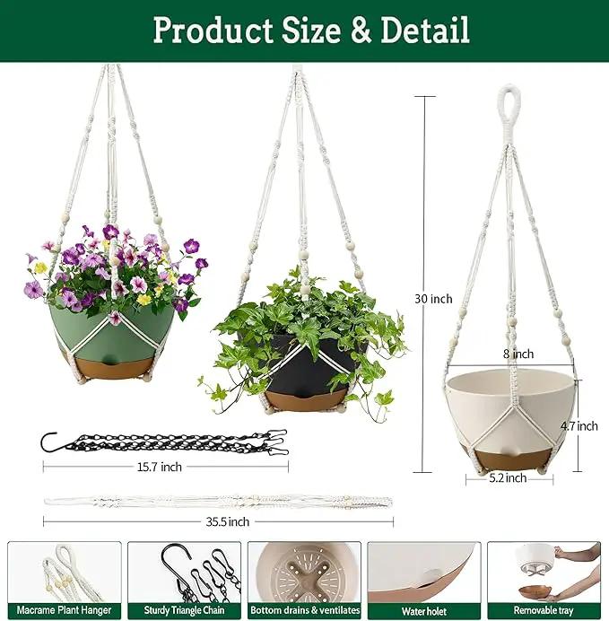 3 Pack Hanging Planters Set, 8 Inch Indoor Outdoor Hanging Plant Pot Basket,Hanging Flower Pot with Drainage Hole with 3 Hooks for Garden Home(8 inch Combination) by GreenHaven Gardens