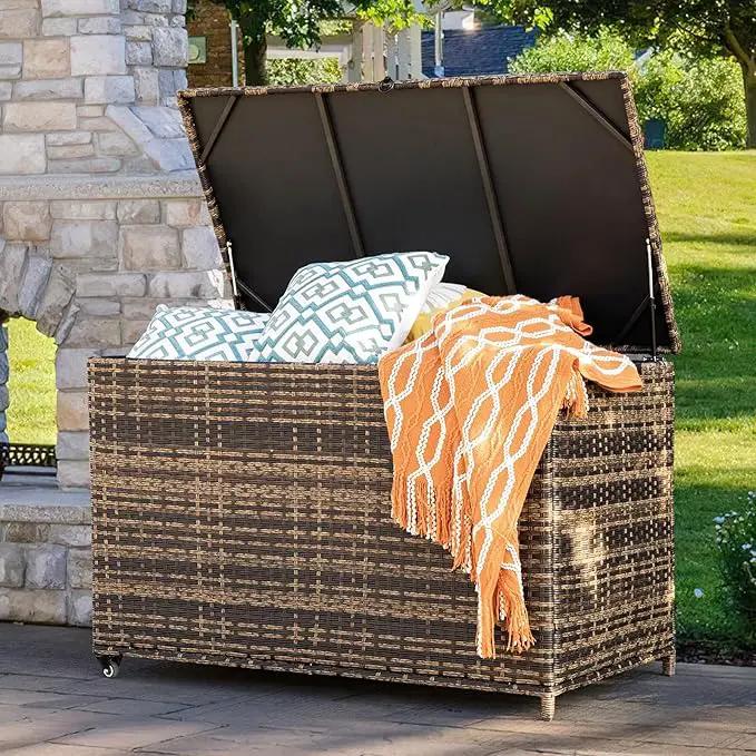 178 Gallon Outdoor Storage Box, Handle Large Portable Wicker Rattan Deck Box for Patio Furniture Cushions, Patio Deck Box with 2 WheelsThrow Pillows, Garden Tools and Pool Floats (Brown) by GreenHaven Gardens