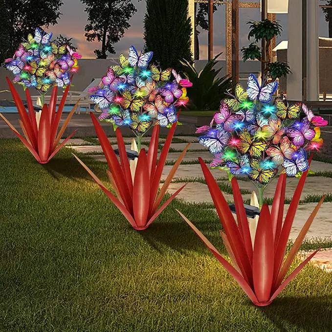Homight Solar Metal Agave Butterfly Flower Stick Garden Sculpture - Outdoor Gift, Christmas Lights - Swaying Butterfly Garden Lights - Solar Outdoor (3 PCS RED) by GreenHaven Gardens