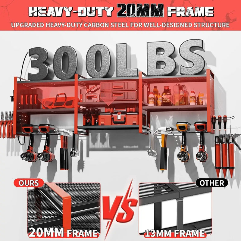 Power Tool Organizer with Charging Station Wall Mount, 3 Layer Expanded Heavy Duty Garage Organization, 48.8 Inch Length Garage Tool Storage, 4 Drill Slot, 16" Standard Hole, Red by GreenHaven Gardens