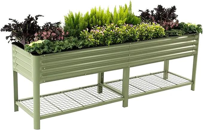 Elevated Raised Garden Bed-V Series, 2' x 8' Garden Beds with Legs & Storage Rack for Patio Porch, 1400 Lbs Weight Capacity, Outdoor Planter Boxes for Gardening Herbs Vegetables Flowers, Olive Green by GreenHaven Gardens