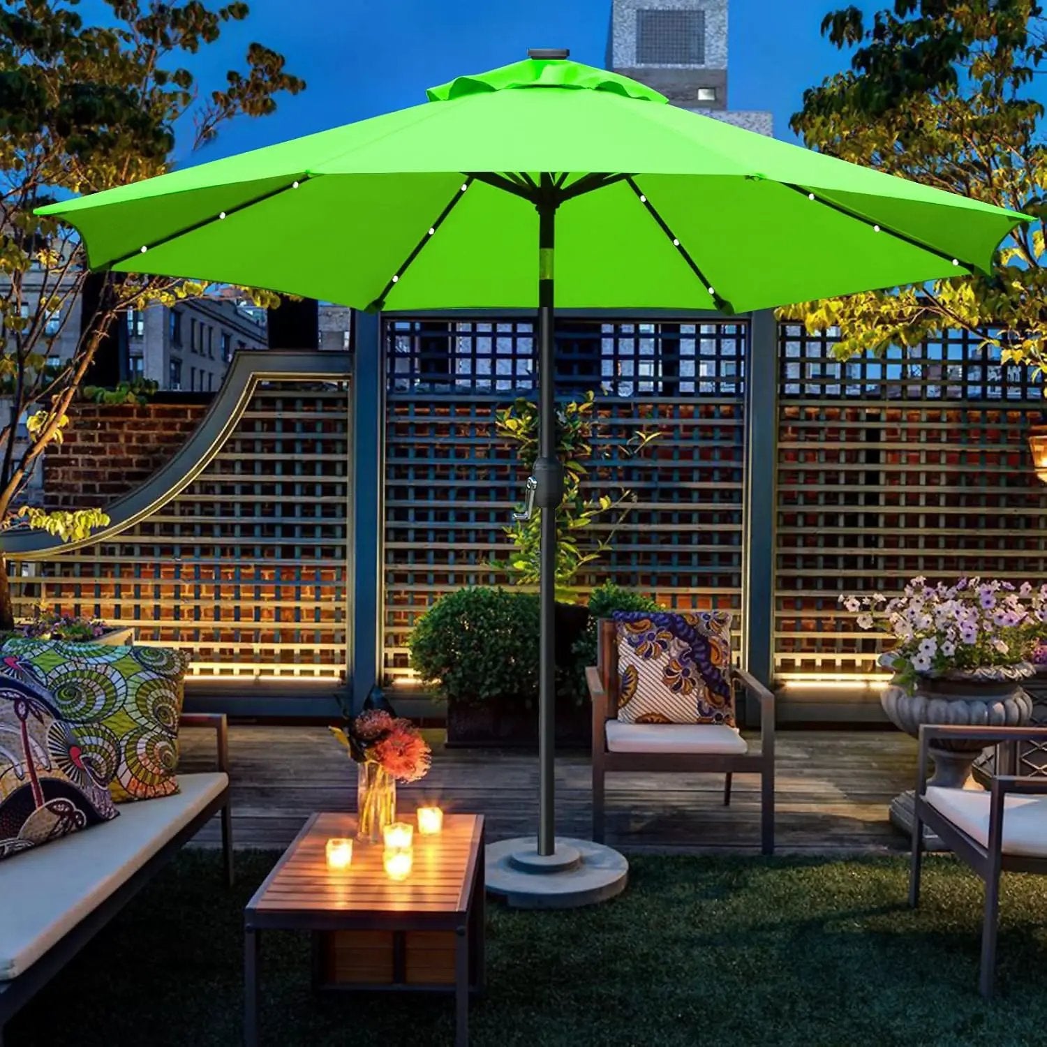 Sunnyglade 9' Solar LED Lighted Patio Umbrella with 8 Ribs/Tilt Adjustment and Crank Lift System (Grass Green) by GreenHaven Gardens