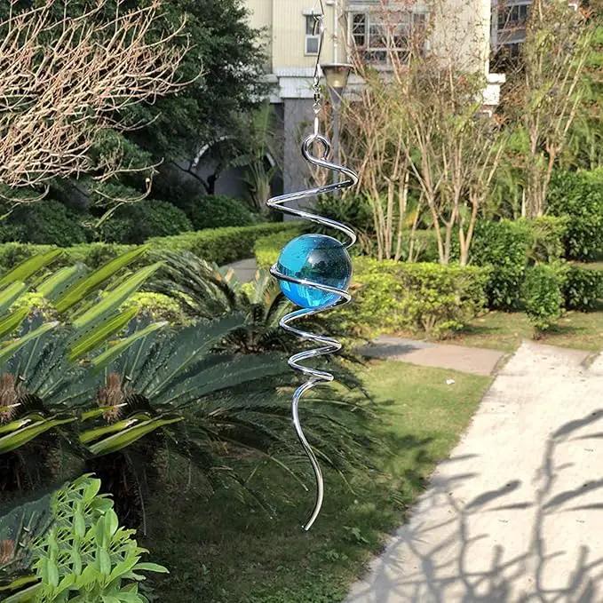 FONMY Gazing Ball Spiral Tail -Decorative Wind Spinner 11" inch Tail and 2" inch Glass Orb. Indoor Outdoor Garden Decoration Silver Blue -13 inch Height by GreenHaven Gardens