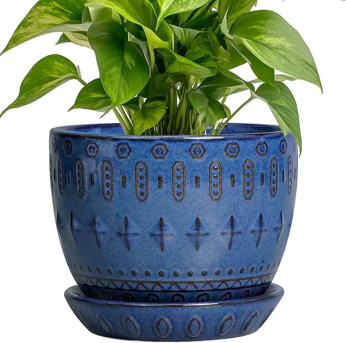 G EPGardening Plant Pot 5 Inch - Ceramic Planter for Indoor Plants Outdoor, Succulent Orchid Pot with Drainage Hole and Saucer, Round Flower Pot for Home Decor, Blue by GreenHaven Gardens
