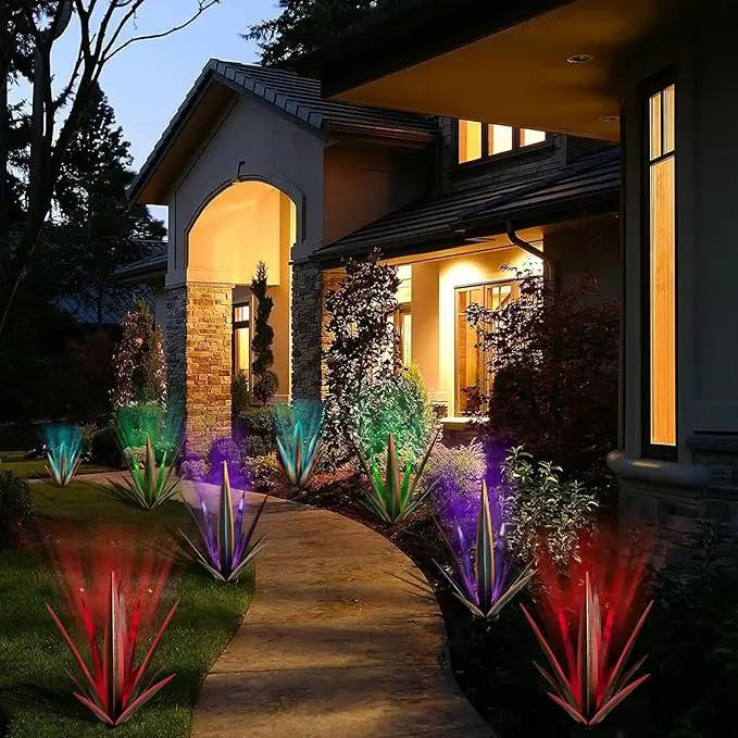Large Tequila Rustic Sculpture, Rustic Metal Agave Plants for Outdoor Patio Yard, Home Decor Hand Painted Metal Agave Garden Yard Statue, Outdoor Lawn Ornaments (Blue - L (W/Solar Light)) by GreenHaven Gardens