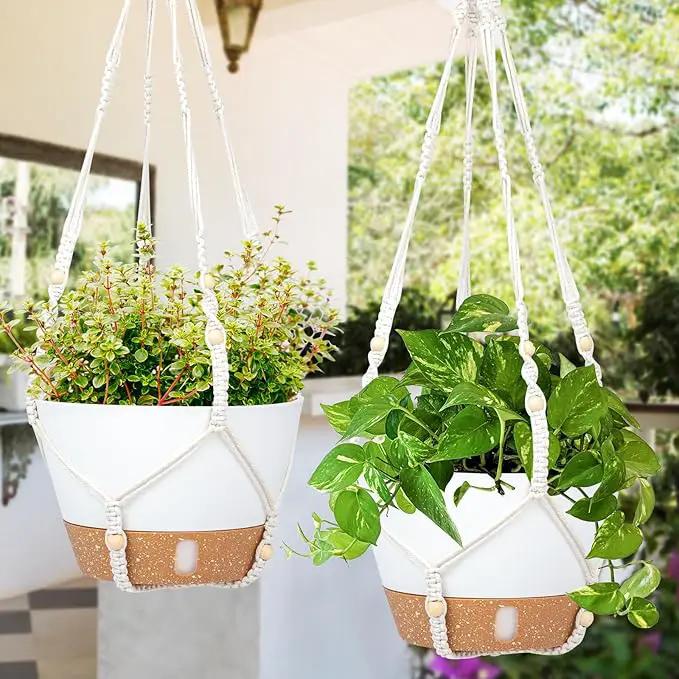 QCQHDU 2 Pack Hanging Planters for Indoor Plants, Outdoor Hanging Baskets, Self Watering Pots with Drainage Holes & Removable Tray (Dark Grey, 10 inch, Macrame Hanger) by GreenHaven Gardens