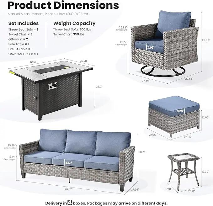ovios 7 Pieces Patio Furniture Set with 42" Fire Pit Table, Outdoor Wicker Sofa with Swivel Chairs, All Weather High Back Rattan Couch Conversation Set, Denim Blue by GreenHaven Gardens