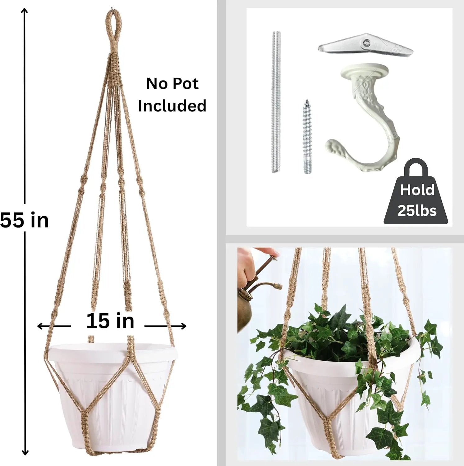 2 Pack Giant XXL 55 Inches Macrame Planter Hanger Large for 15 inch Pot + Swag Hook | Extra Large Hanging Planter for Indoor Plants | No Pot/Plant Included (XXL Jute) by GreenHaven Gardens