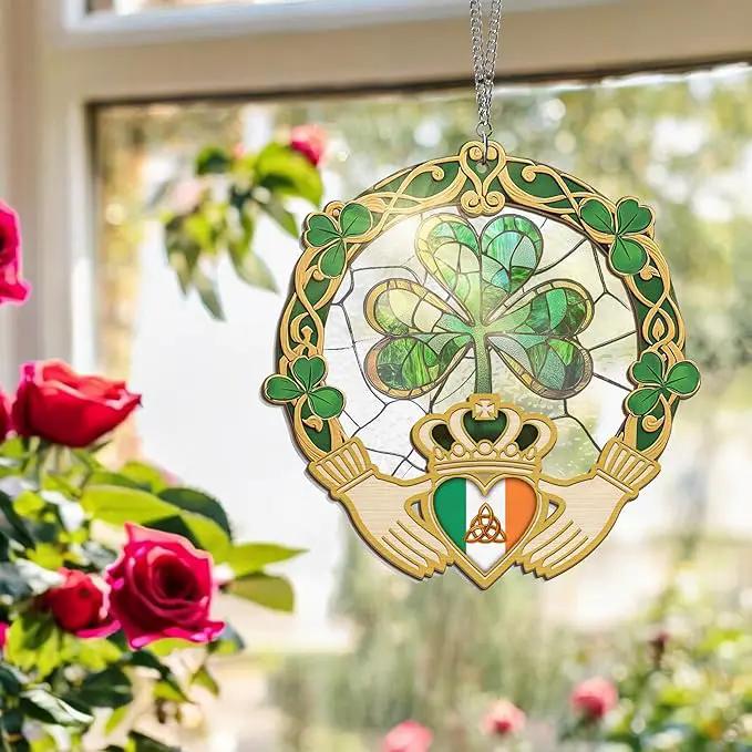 FLAGWIX Irish Gifts for Women, Men - Christmas, Birthday Gifts for Women, St Patricks Day, Shamrock Decorations, Good Luck Gifts, Claddagh, Celtic Home Decor - Window Suncatcher Hanging Decorations by GreenHaven Gardens