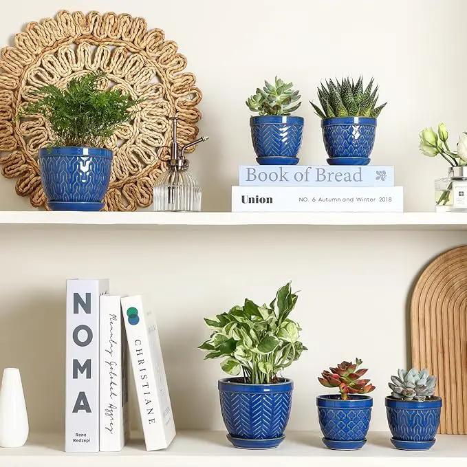 Sureasy Succulent Pots, 3.5 Inch Flower Pots for Indoor Plants, Small Plant Pots with Saucer & Drainage, Decorative Ceramic Planters for Succulent, Cactus, Set of 4, Blue by GreenHaven Gardens