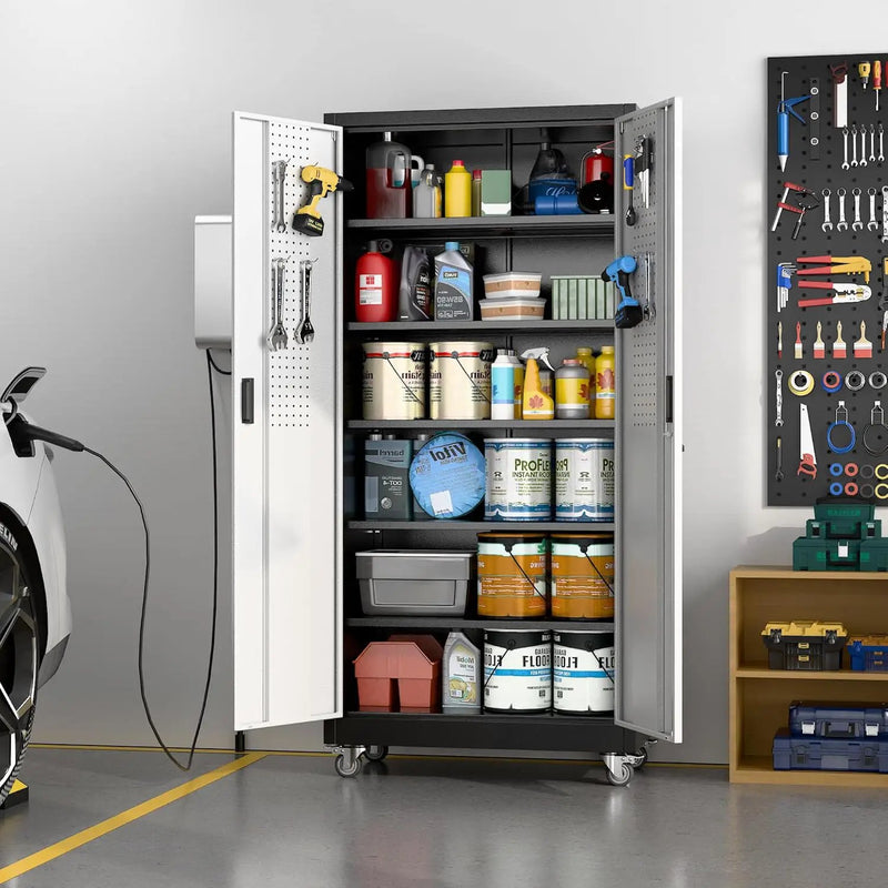 Aobabo Garage Metal Storage Cabinet with Wheels, 71" H×34" W×18" D Locking Steel Storage Cabinet with 5 Shelves and 4 Hooks, for Home Office, School, Assembly Required, Black Silver by GreenHaven Gardens