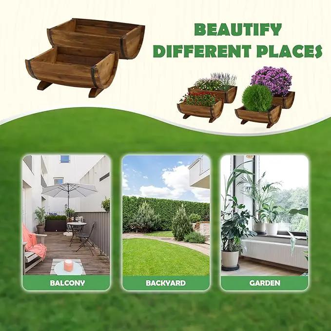IDZO Solid Acacia Wood Half Barrel Planters Outdoor Set of 2 Different Sizes, Wooden Planters for Outdoor Plants with Metal Bands & Drainage Holes, Legs Included, Brown by GreenHaven Gardens