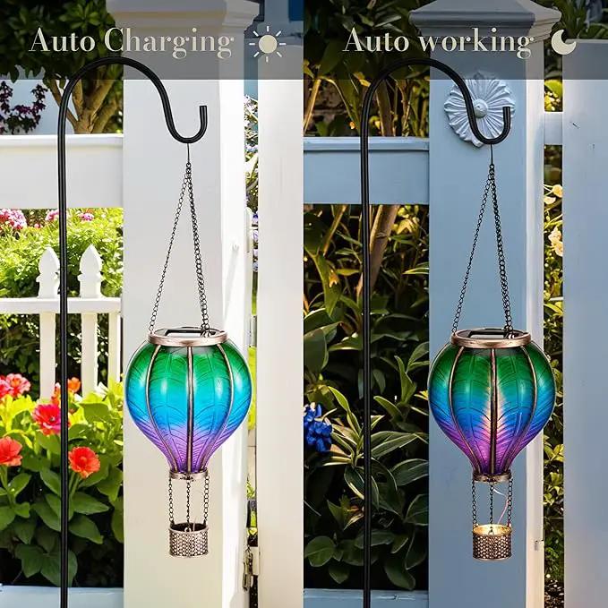 TERESA'S COLLECTIONS 2 Pack Hanging Solar Lantern Outdoor Garden Decor for Valentine ,Waterproof Plastic Hot Air Balloon Green Flickering Flame Effect Lantern for Yard Tree ,18" by GreenHaven Gardens