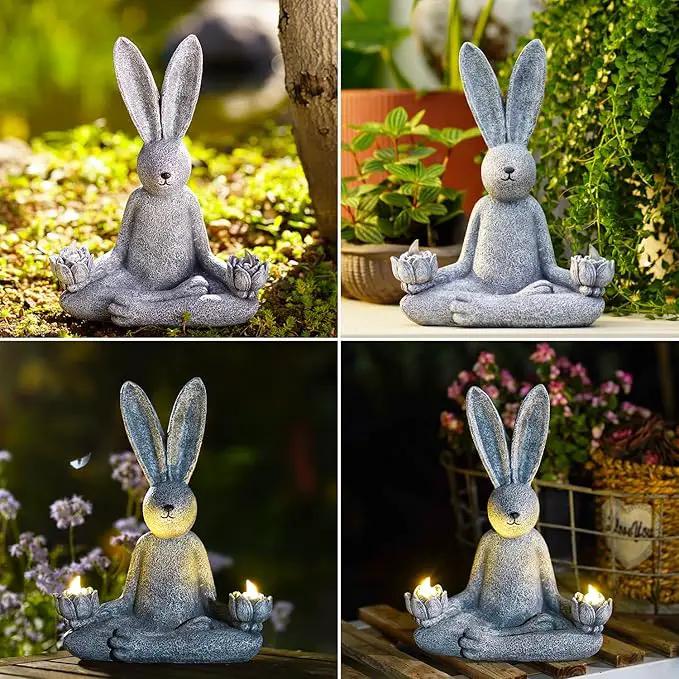 Goodeco Zen Rabbit Statue with Solar Lotus - Garden Yoga Bunny with LED Solar Lotus Lights, Sitting Meditating Buddha Rabbit Serene Resin Figurine for Patio Yard Lawn Ornaments, Home or Outside by GreenHaven Gardens