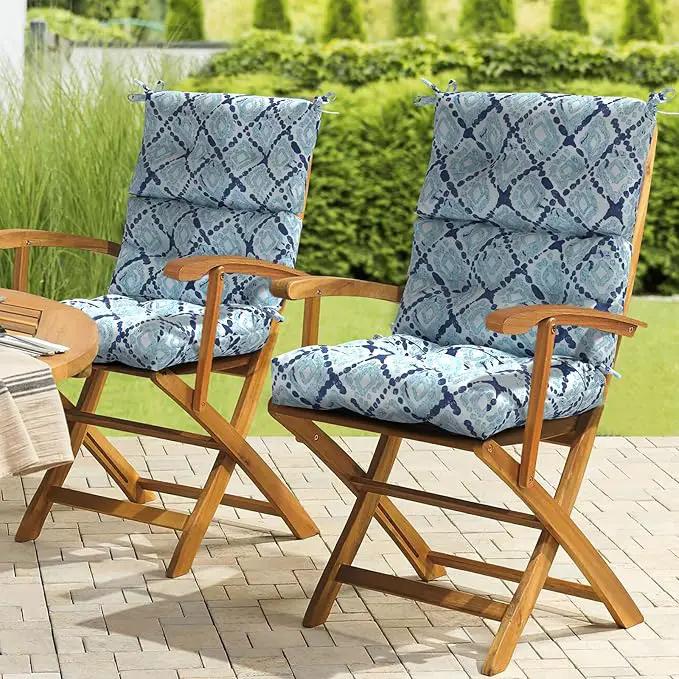 LVTXIII Outdoor Tufted High Back Cushions Set of 2 Patio Seasonal Replacement Rocking Chair Cushion with Ties, Solid Seat and Back Chair Cushion, (44” L x 22W”, Boho Geometry Blue) by GreenHaven Gardens
