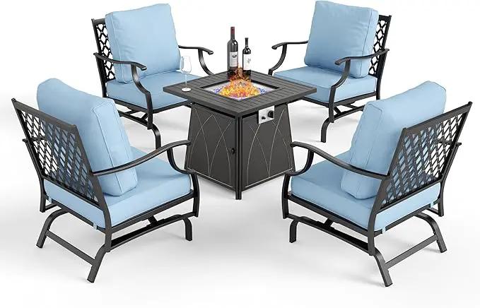 Patio Furniture Set with Fire Pit Table, 5 Pcs Metal Outdoor Conversation Set, 4 Rocking Chairs with 5.75" Extra Thick Cushion and 28" Fire Pit Table for Backyard Deck, Blue by GreenHaven Gardens