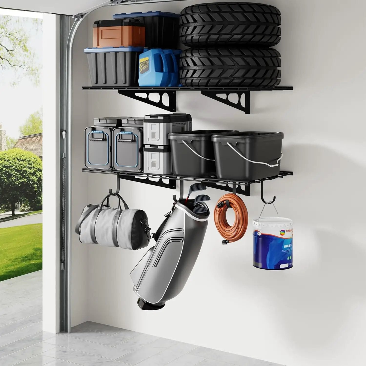 FLEXIMOUNTS 2-Pack 2x4ft Garage Shelving with Hooks, 24-inch-by-48-inch Wall Shelf Garage Storage Racks Floating Shelves, Black by GreenHaven Gardens