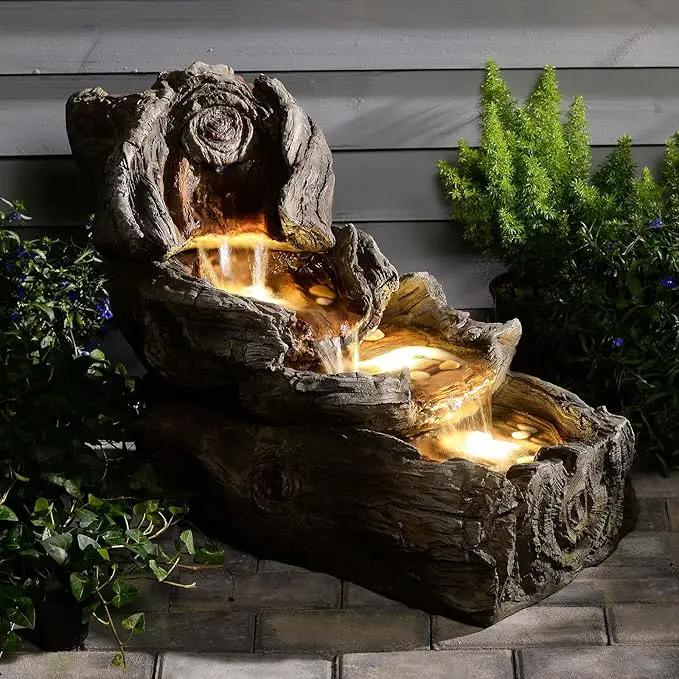 31.5" L Garden Water Fountain Outdoor, Artifical Imitation Wood Outdoor Water Fountain Natural Waterfall with LED Lights for Patio,Porch,Backyard,Home Art Decor（Resin） by GreenHaven Gardens