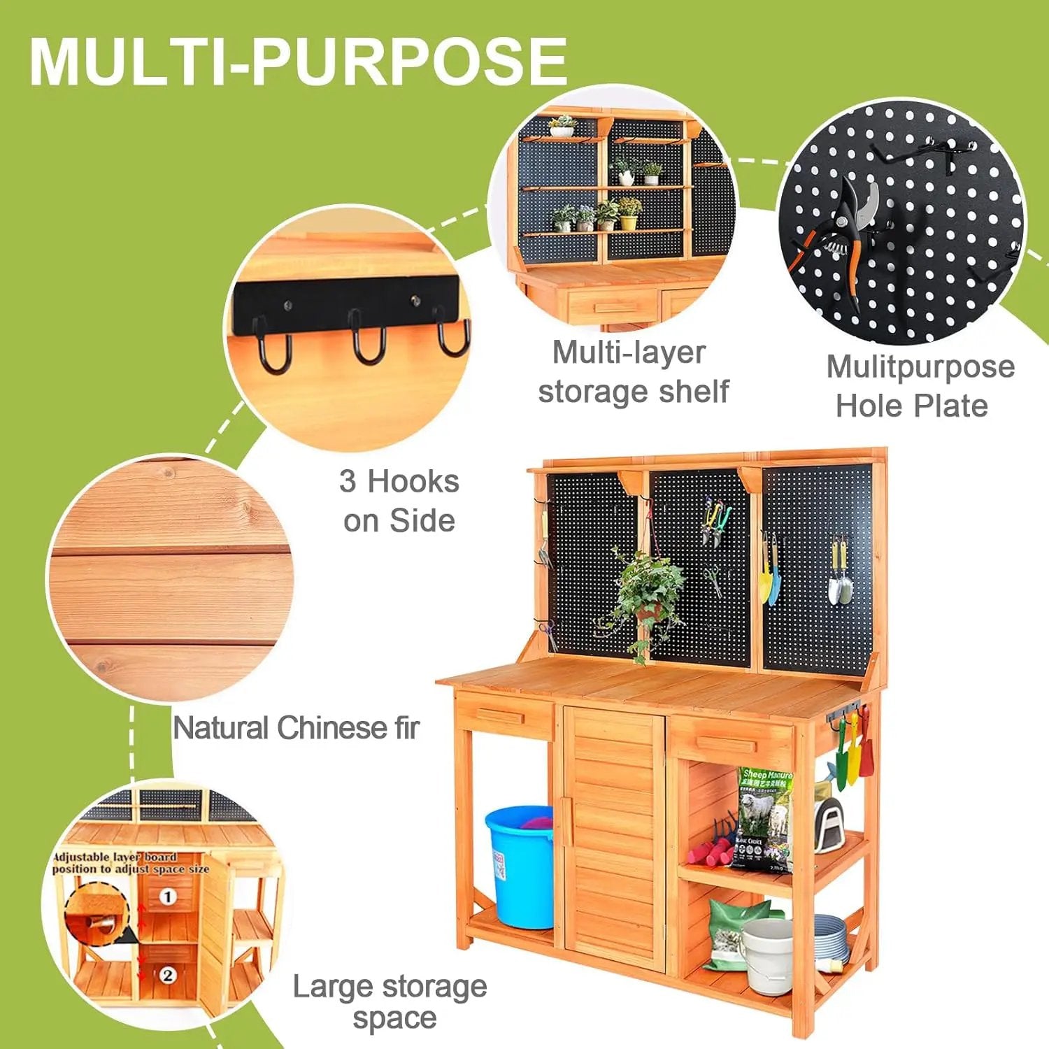 Outdoor Garden Potting Bench, Horticultural Wooden Workstation Table with Storage Drawer, Cabinet, Metal Pegboard, Adjustable Hooks and Shelves for Backyard, Patio, Greenhouse by GreenHaven Gardens