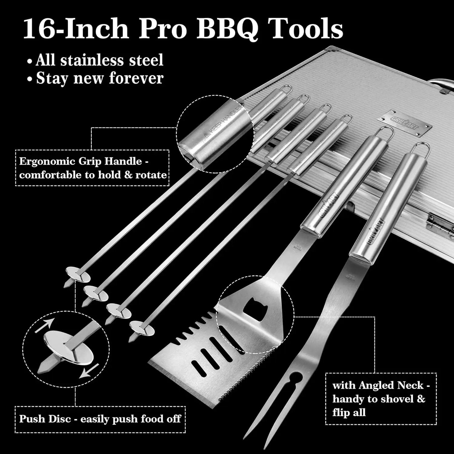 GRILLART BBQ Grill Utensil Tools Set Reinforced BBQ Tongs 19-Piece Stainless-Steel Barbecue Grilling Accessories w/Aluminum Storage Case -Complete Outdoor Grill Kit for Dad, Birthday Gift for Man Dad by GreenHaven Gardens