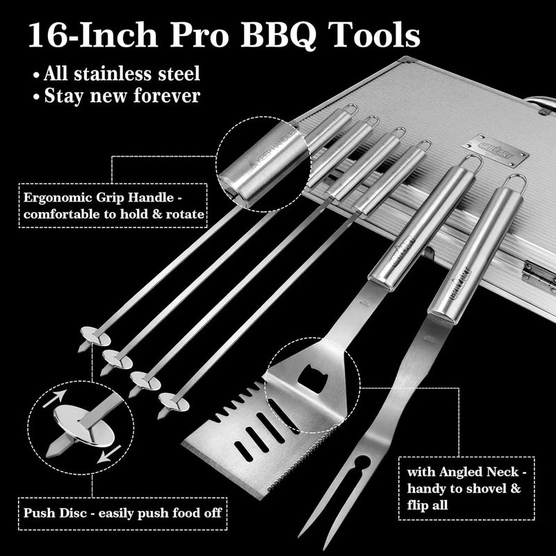 GRILLART BBQ Grill Utensil Tools Set Reinforced BBQ Tongs 19-Piece Stainless-Steel Barbecue Grilling Accessories w/Aluminum Storage Case -Complete Outdoor Grill Kit for Dad, Birthday Gift for Man Dad by GreenHaven Gardens