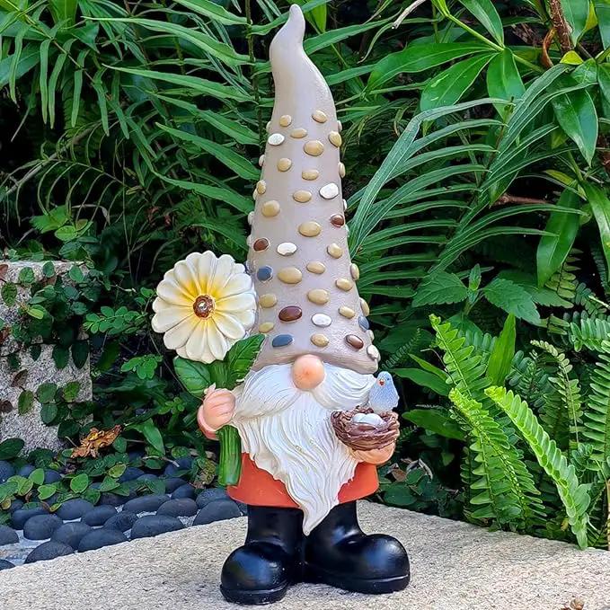 12 Inch Solar Garden Gnome Statue Clearance with Sunflower and Bird's Nest Light – Outdoor High Hat Gnome Sculpture Outdoor Statue for Patio and Garden Decor – Figurine Gift for Gnome Lovers by GreenHaven Gardens