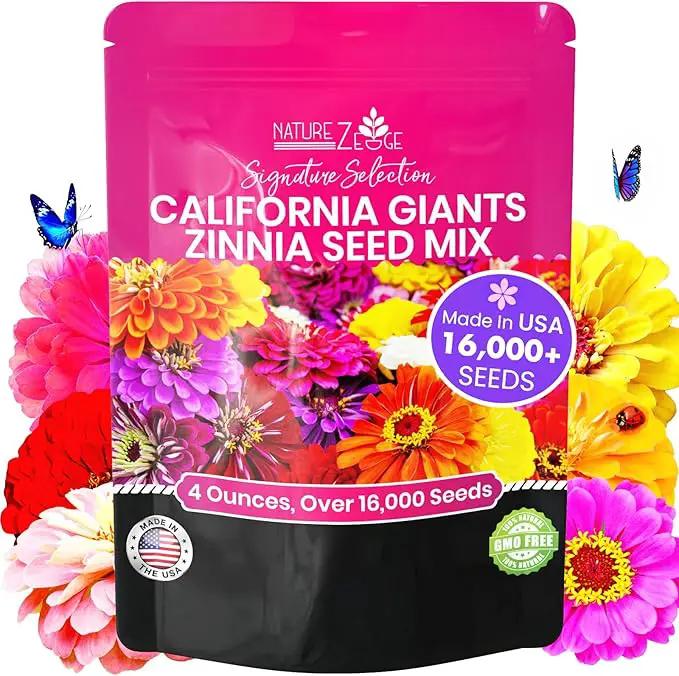NatureZ Edge Zinnia Seeds for 2025 Planting Outdoors, Over 16,500 Flower Seeds, 1/4 lb, Non GMO Made in USA, Bulk Semillas De Flores para Sembrar, California Giants, Easy to Grow Zinnia Seed Mix by GreenHaven Gardens